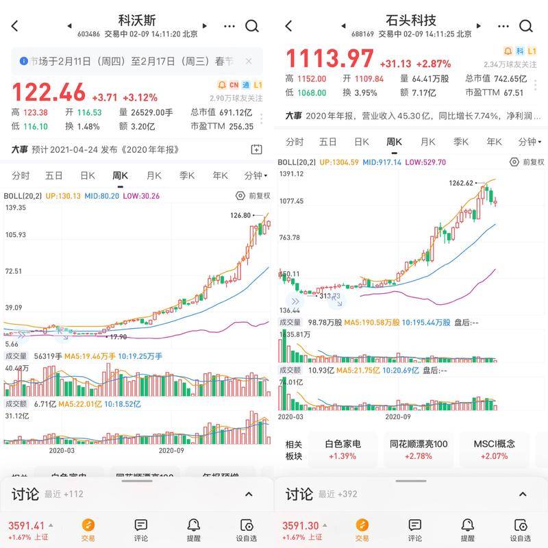 科沃斯和石头科技2020年股价走势。来源:雪球证券