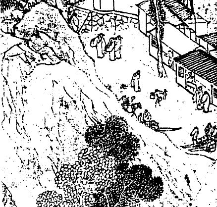 明代画家陆治的《支硎山图》(局部),画面右可见当时登山旅游雇用的“肩舆”及“舁夫”