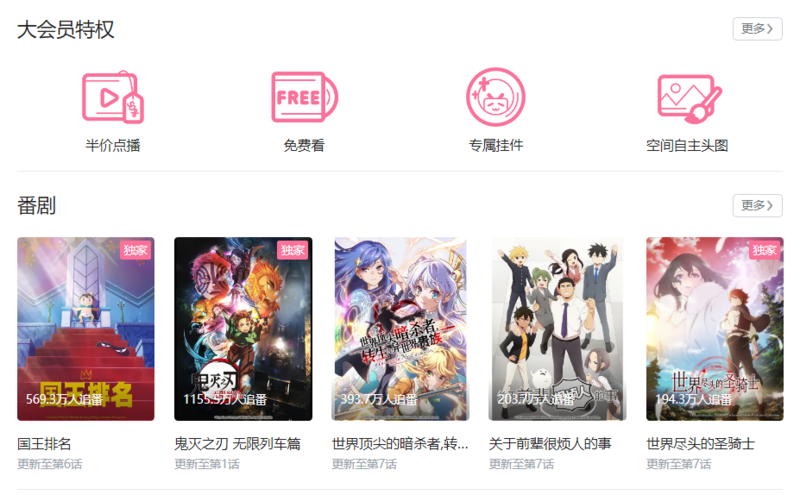 B站大会员的主要权益体现在独家番剧上,对于不追番的用户来说需求并不高。来源:B站官网